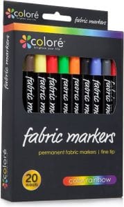 Colore Premium Fabric Markers - 20 Rich Pigment Fine Permanent Graffiti Coloring Pens - Child Safe & Non Toxic - For Art Writing on Bags, Shoes, T-shirts & Other Fabric Paint Materials
