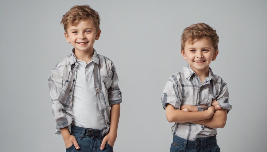 Two boys posing for a photo on a gray background.