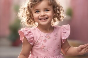 A little girl is smiling in a pink dress.