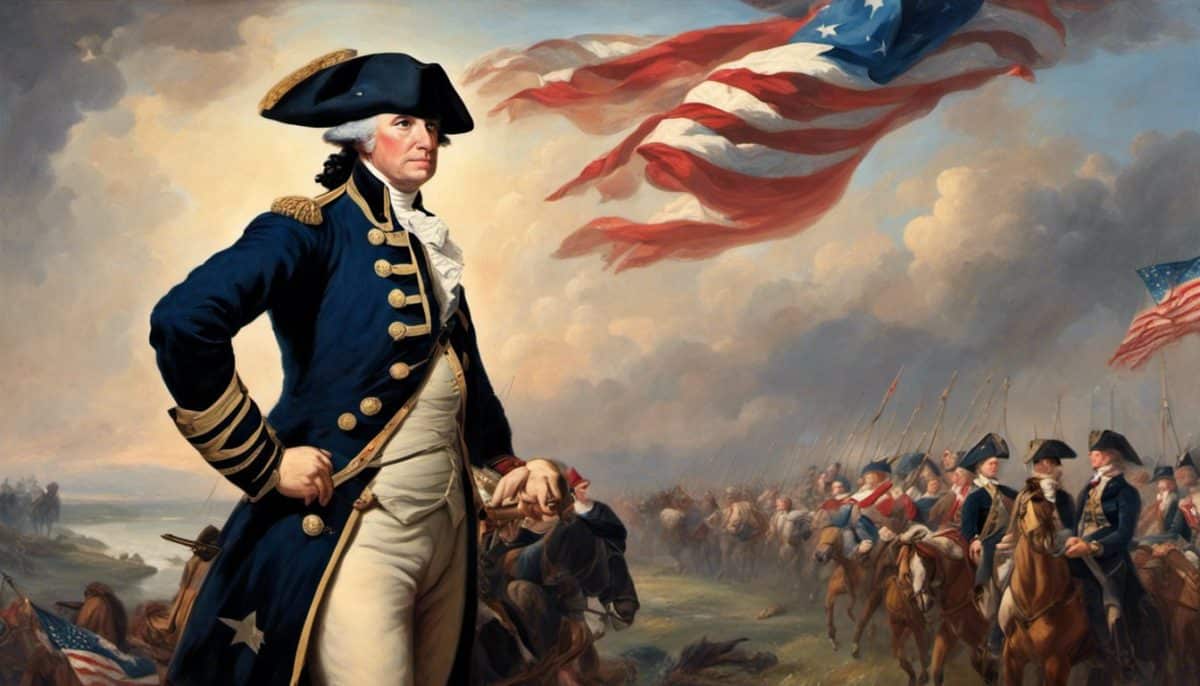 A painting of George Washington standing in front of an American flag.