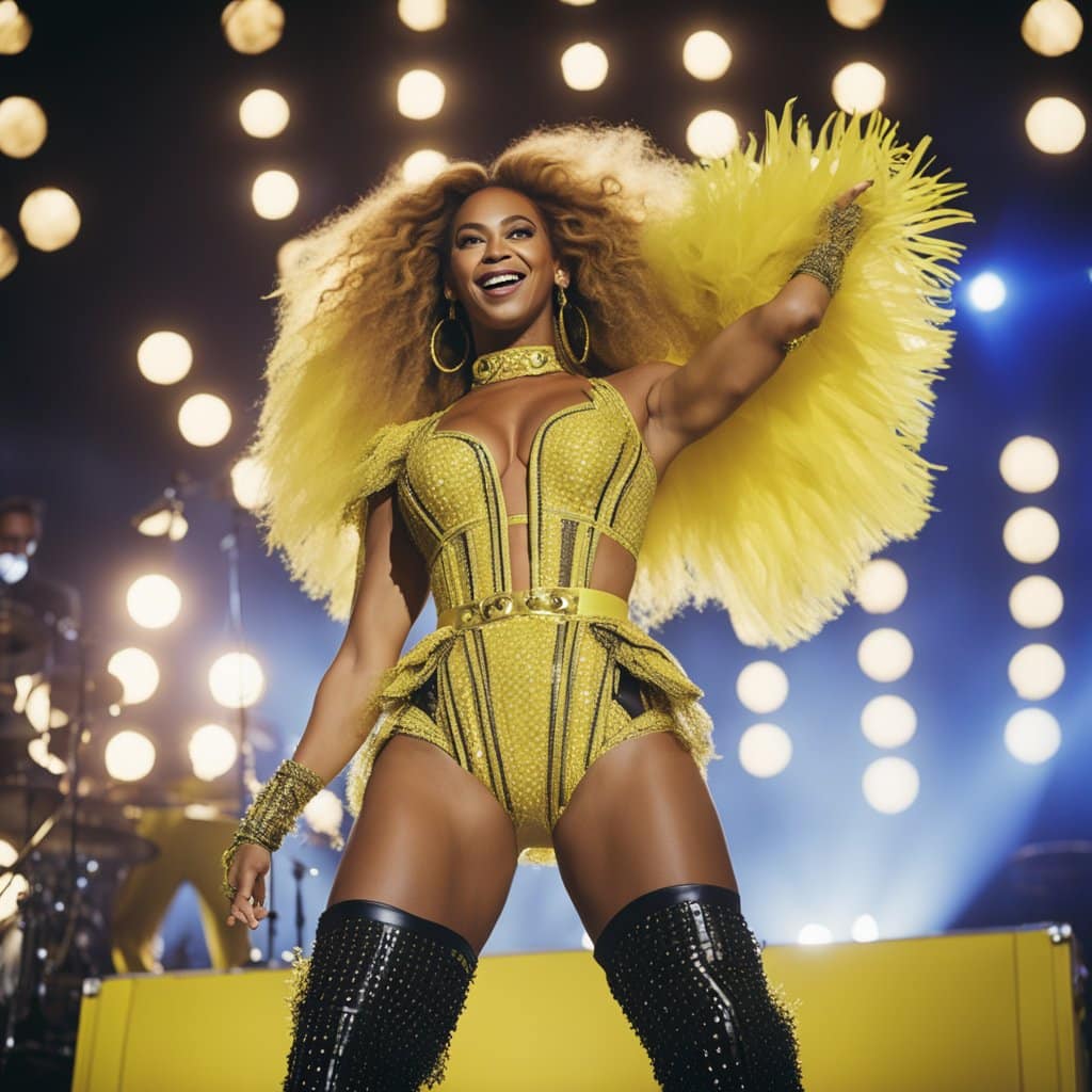 Beyoncé dazzles on stage in a yellow lemonade-inspired outfit.