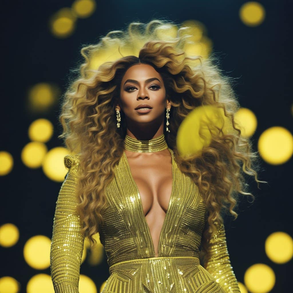 Beyoncé transforms her wardrobe by performing on stage in a gold dress influenced by Beyoncé's lemonade style.