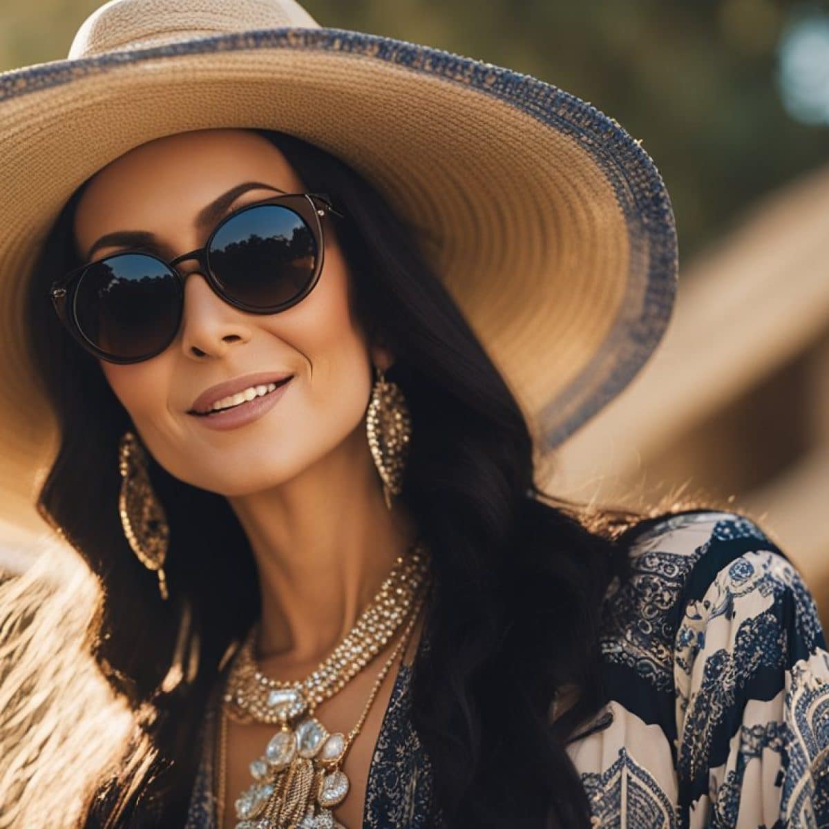 A woman with a Bohemian Chic Look wearing sunglasses and a hat, reminiscent of Cher.