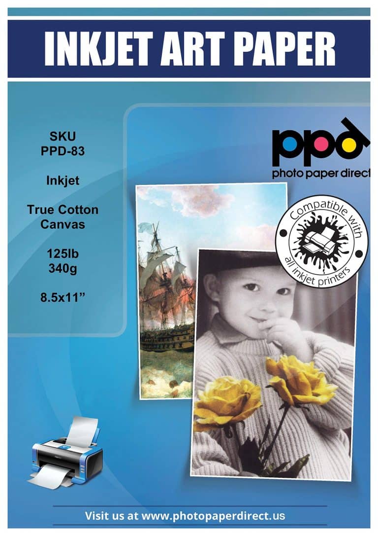 An advertisement for customizable inkjet art paper suitable for printing on inkjet printers.
