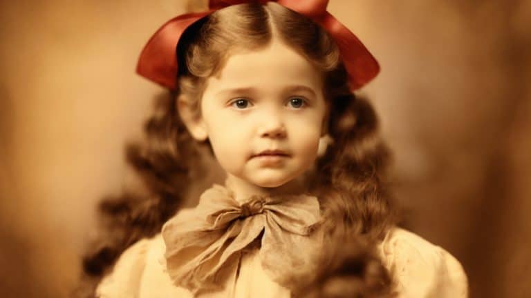 Young girl with curly hair and red hair bows, sepia-toned portrait in a feminist expression.